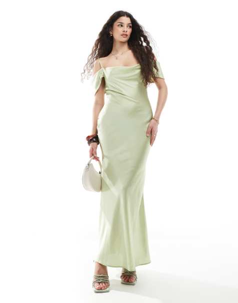 New Look - Vestito al polpaccio in raso verde salvia con scollo Bardot - view 1
