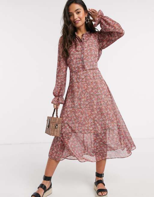New Look - Vestito camicia in chiffon con maniche a sbuffo rosa a fiori