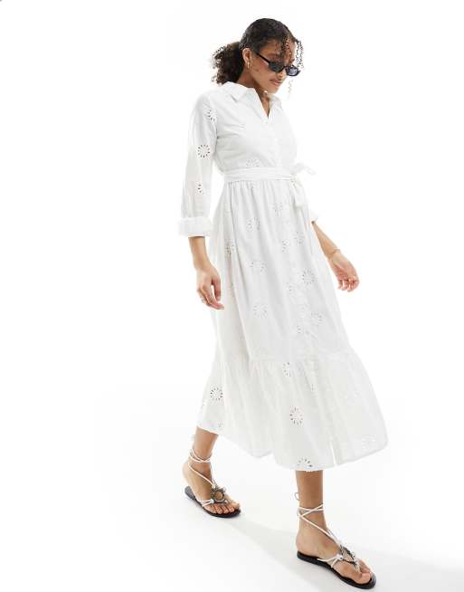 New Look - Vestito camicia midi bianco con dettagli in pizzo