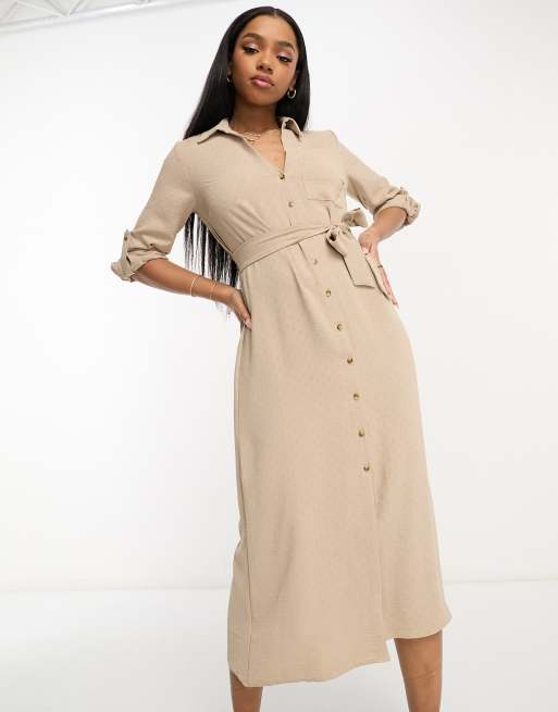 New Look - Vestito camicia midi multitasche color pietra con bottoni, 4 di 4