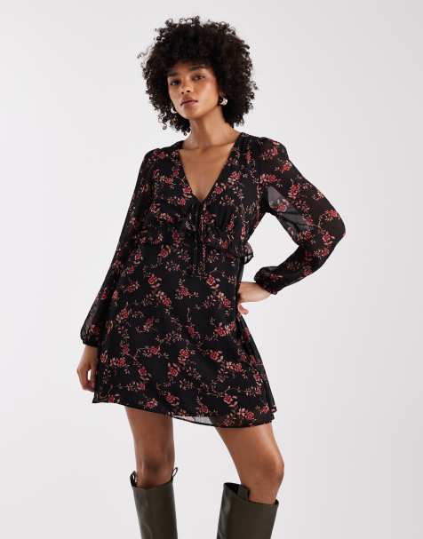 New Look - Vestito corto a maniche lunghe in chiffon nero a fiori - view 1