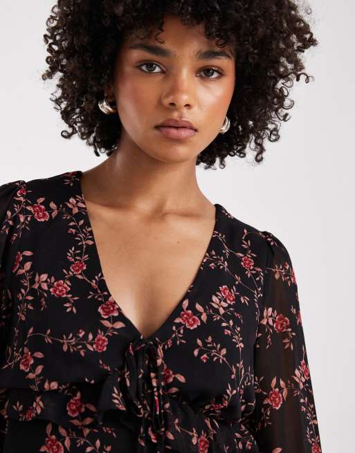 New Look - Vestito corto a maniche lunghe in chiffon nero a fiori, 3 di 4
