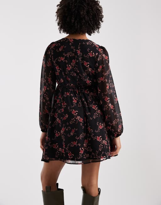 New Look - Vestito corto a maniche lunghe in chiffon nero a fiori, 4 di 4