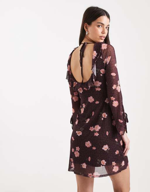 New Look - Vestito corto a maniche lunghe rosso a fiori in rete, 4 di 4