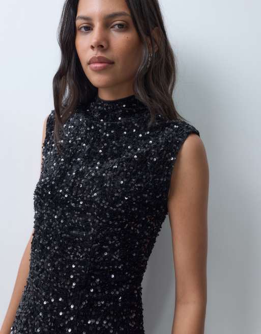 New Look vestito corto a trapezio con paillettes nero, 3 di 4