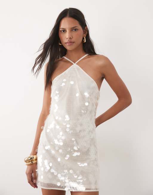 New Look - Vestito corto allacciato al collo color crema con paillettes, 1 di 4