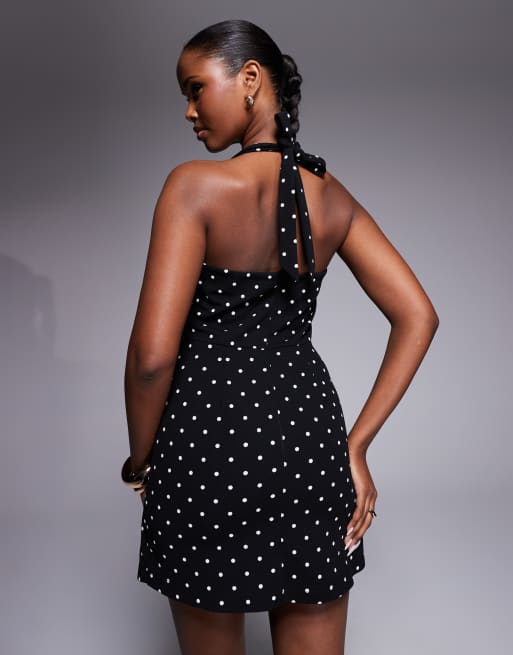 New Look - Vestito corto allacciato al collo nero a pois, 3 di 4