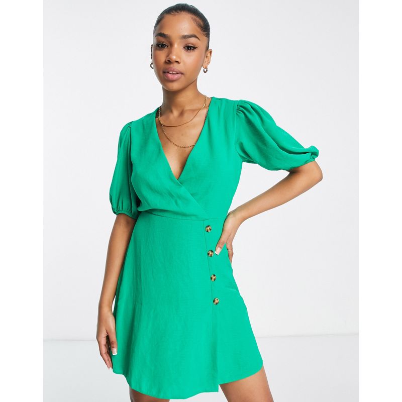 Tea dresses Donna New Look - Vestito corto con maniche a sbuffo verde