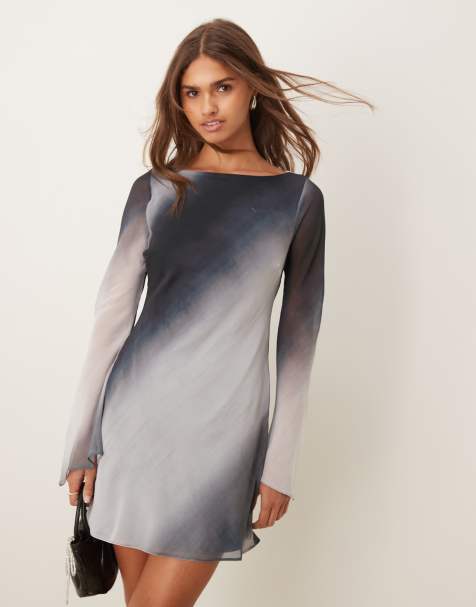 New Look - Vestito corto in chiffon grigio sfumato con maniche svasate - view 1