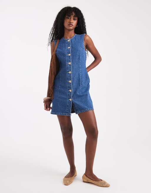 New Look - Vestito corto in denim blu stretto in vita, 2 di 4