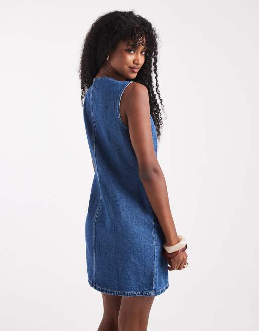 New Look - Vestito corto in denim blu stretto in vita, 3 di 4