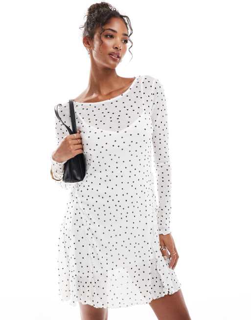 New Look - Vestito corto in rete a maniche lunghe color crema a pois