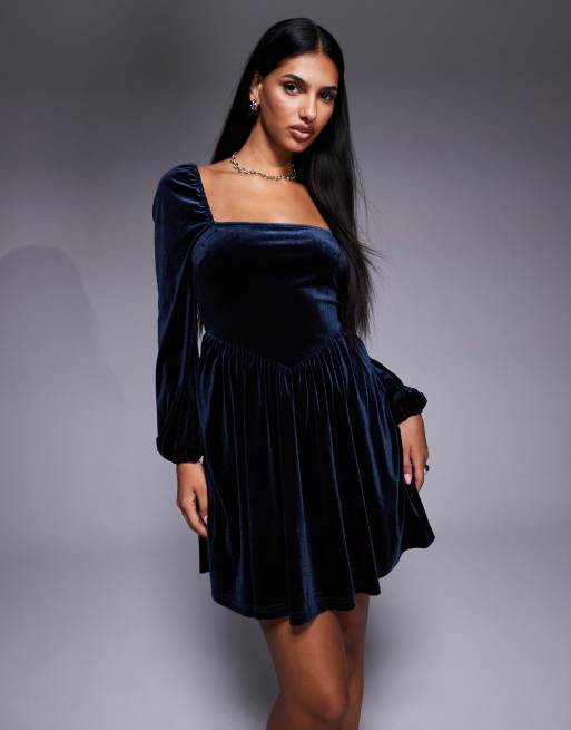 New Look - Vestito corto in velluto blu navy con scollo squadrato , 2 di 4