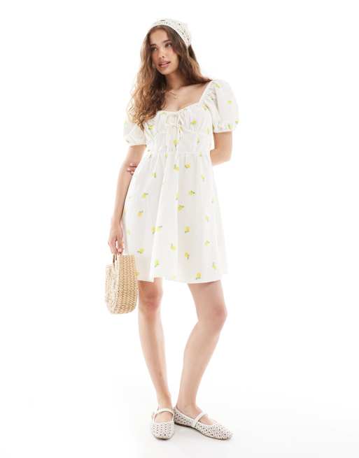 New Look - Vestito corto milkmaid con stampa di limoni, 4 di 4
