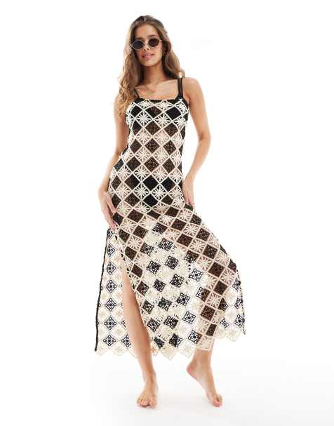 New Look - Vestito da mare all'uncinetto bianco e nero con scollo squadrato - view 1
