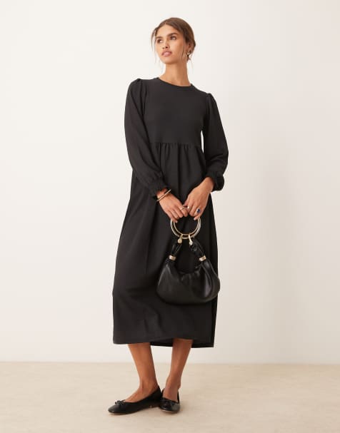 New Look - Vestito grembiule a maniche lunghe in tessuto stropicciato nero tinta unita - view 1