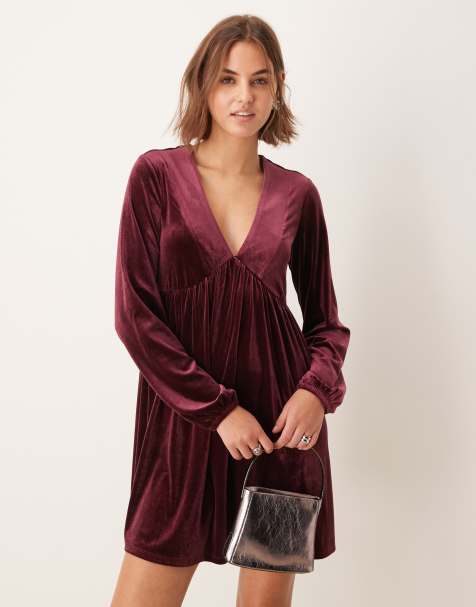 New Look - Vestito grembiule corto bordeaux in velluto con maniche lunghe - view 1