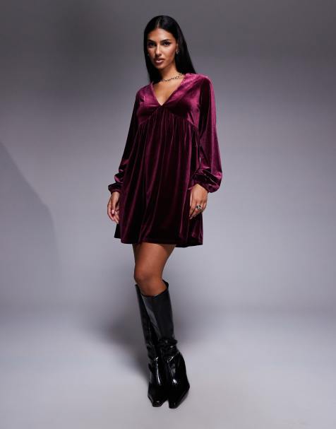 New Look - Vestito grembiule corto bordeaux in velluto - view 1