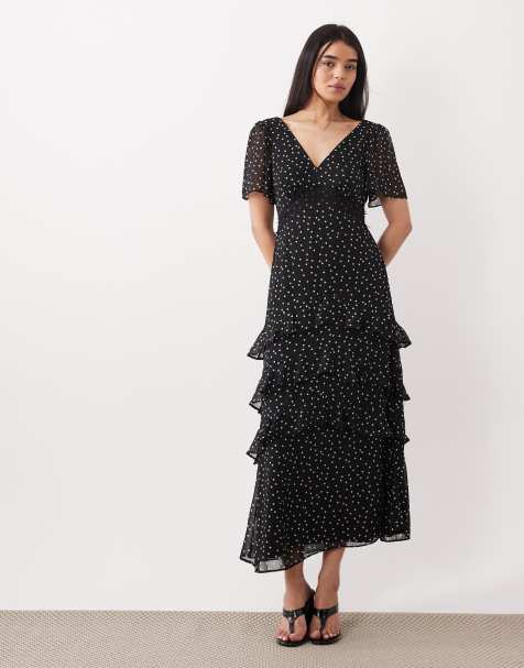 New Look - Vestito lungo a balze in chiffon nero a pois - view 1