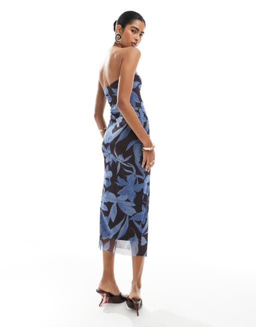 New Look - Vestito lungo a fascia in rete marrone e blu a fiori, 3 di 4