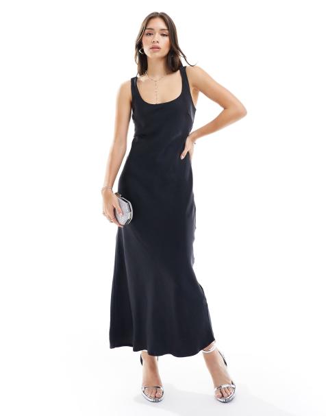 New Look - Vestito lungo con scollo rotondo in raso nero - view 1