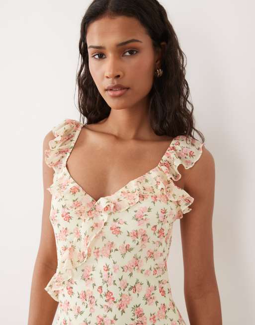 New Look - Vestito lungo giallo con stampa a fiori e volant, 3 di 4