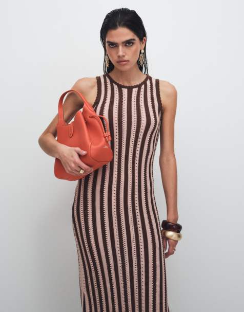 New Look - Vestito lungo in maglia a righe rosa e marrone - view 1