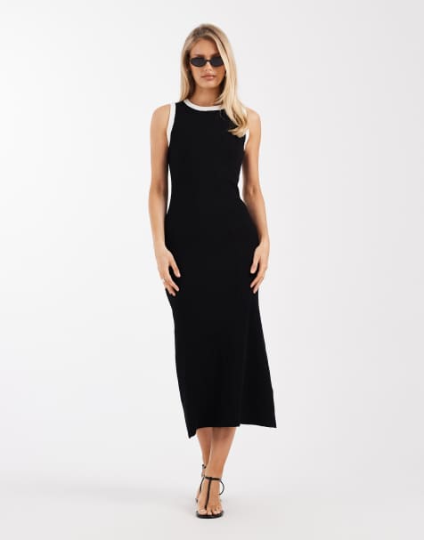 New Look - Vestito lungo in maglia nero con bordi a contrasto - view 1