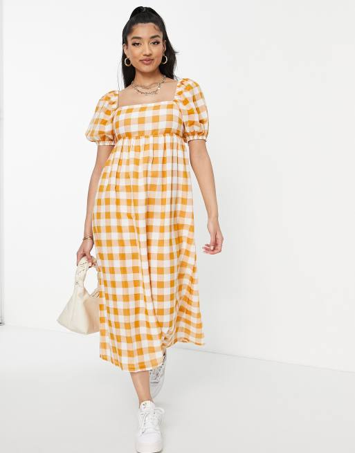 New Look - Vestito midi a maniche corte con scollo squadrato arancione a quadretti