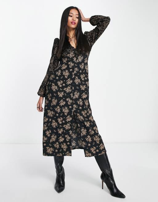 New Look - Vestito midi a maniche lunghe nero a fiori con spacco laterale