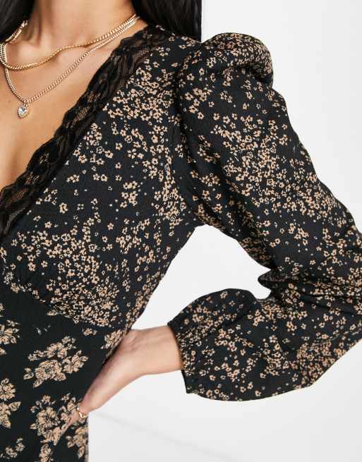 New Look - Vestito midi a maniche lunghe nero a fiori con spacco laterale, 3 di 4