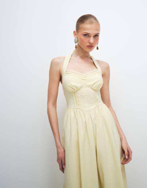 New Look - Vestito midi allacciato al collo in bengalina giallo - view 1