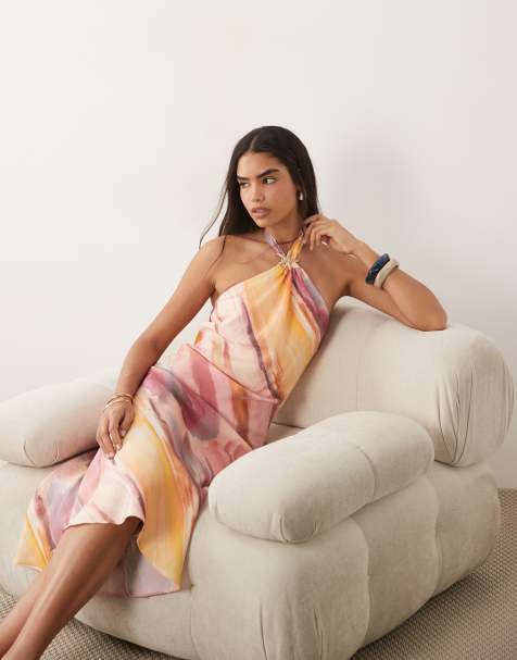 New Look - Vestito midi allacciato al collo rosa con stampa sfumata e dettaglio in metallo - view 1