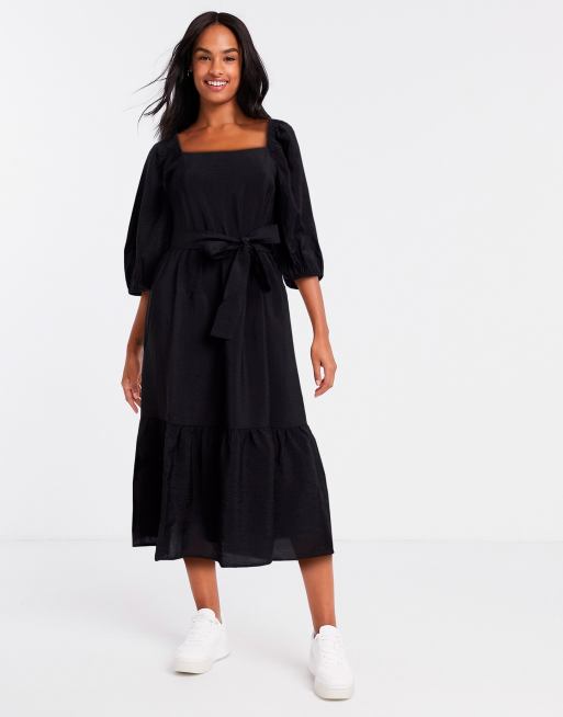 New Look - Vestito midi allacciato in vita con scollo quadrato nero