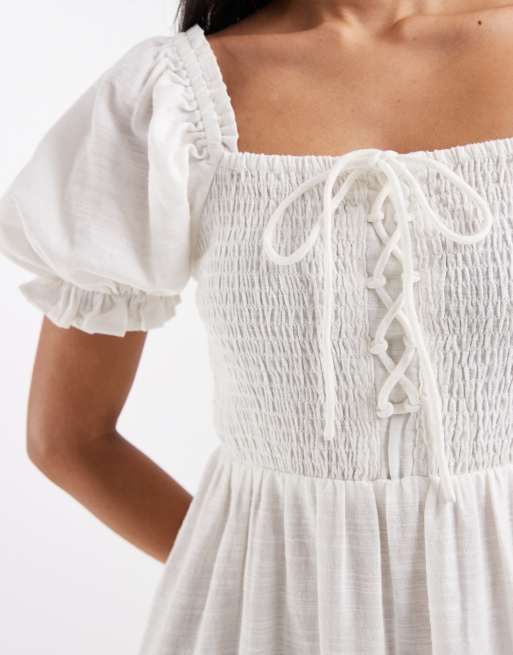 New Look - Vestito midi arricciato allacciato sul davanti bianco, 3 di 4