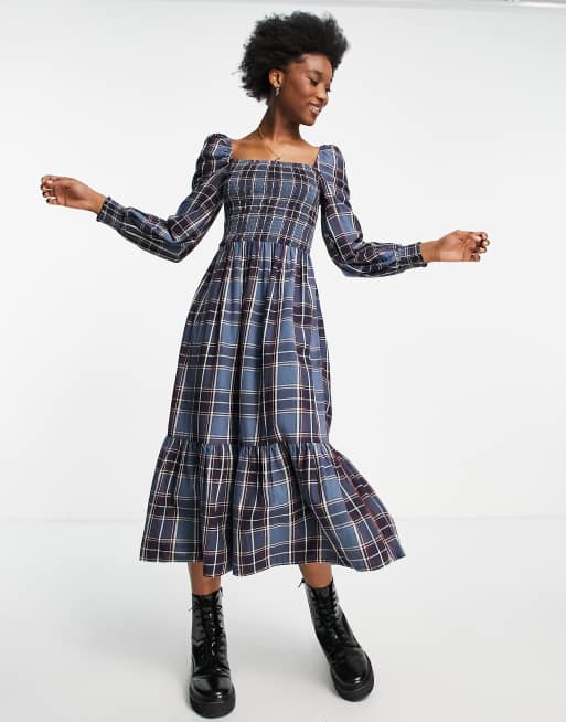 New Look - Vestito midi arricciato blu a quadri, 3 di 4