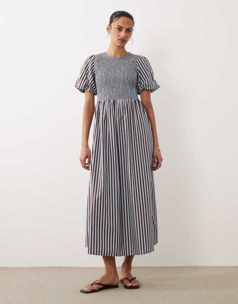 New Look - Vestito midi arricciato blu a righe - view 1