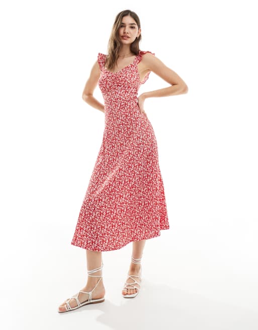 New Look - Vestito midi arricciato sul davanti in tessuto stropicciato rosso a fiori