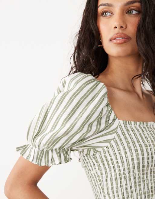 New Look - Vestito midi arricciato verde a righe con maniche a sbuffo, 2 di 4