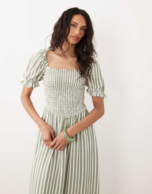 New Look - Vestito midi arricciato verde a righe con maniche a sbuffo, 3 di 4