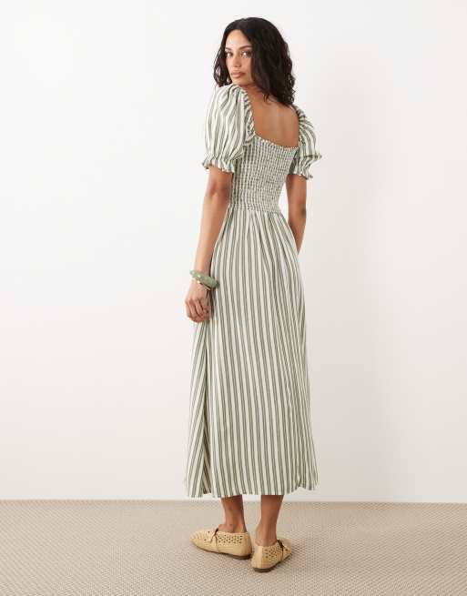 New Look - Vestito midi arricciato verde a righe con maniche a sbuffo, 4 di 4