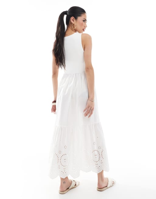 New Look - Vestito midi bianco a coste ricamato con scollo a vogatore, 4 di 4
