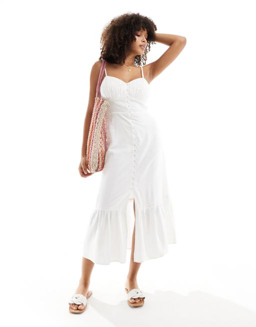 New Look - Vestito midi bianco sporco con bottoni e spalline sottili
