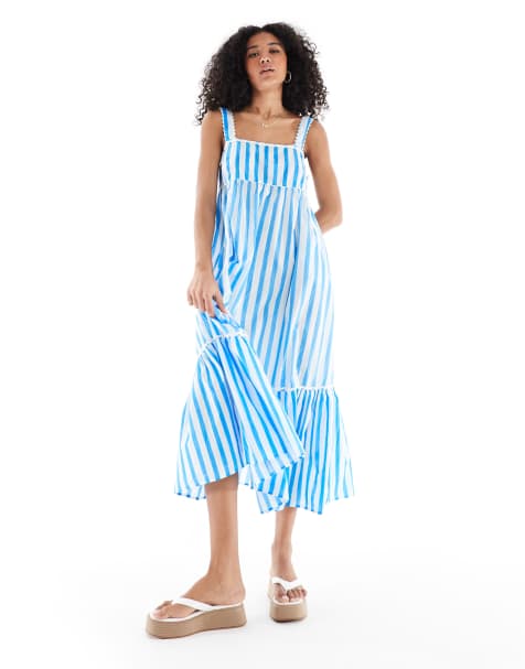 New Look - Vestito midi blu a righe allacciato sul retro con volant - view 1