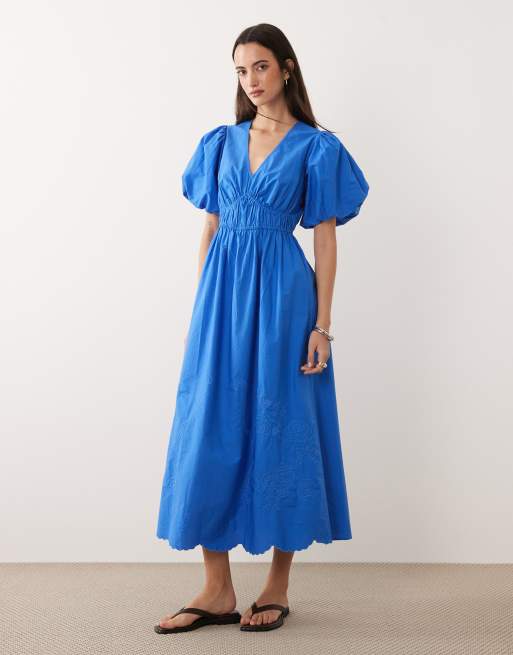 New Look - Vestito midi blu cobalto con vita arricciata e dettagli traforati
