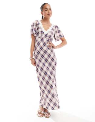 New Look - Vestito midi color crema a quadri con dettagli in pizzo e maniche con volant