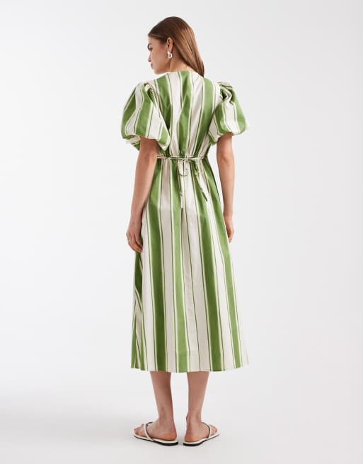 New Look - Vestito midi color crema a righe con maniche a sbuffo e scollo a V, 2 di 4