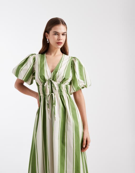 New Look - Vestito midi color crema a righe con maniche a sbuffo e scollo a V, 3 di 4