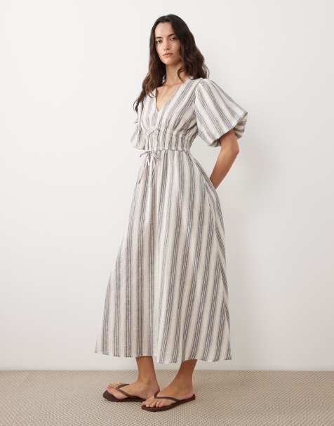 New Look - Vestito midi color crema a righe con maniche a sbuffo - view 1