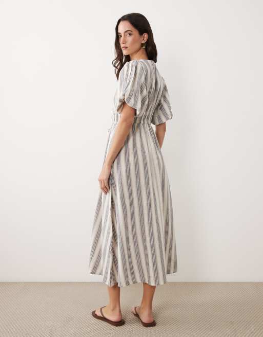 New Look - Vestito midi color crema a righe con maniche a sbuffo, 2 di 4